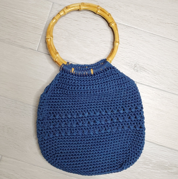 Unbranded Handbags - UNBRANDED Blue Macrame Round Bamboo Handle Bag.